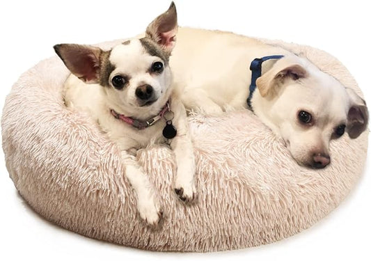Calming Dog Bed for Medium Dogs Washable Donut 30 inches Anti-Slip Pet Bed,Round Fluffy Plush Faux Fur Cat Bed,Fits up to 45 lbs Pets,Beige