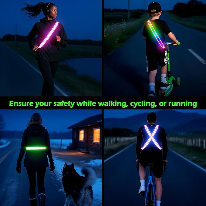 Reflective Sash Gear for Walking at Night,Flashing LED Reflective Belt Safety Lights for Walkers Night Dog Walking Biking Running,High Visibility Rechargeable With Wear 2 Ways for Men Women