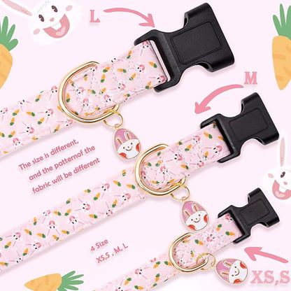 Faygarsle Cute Easter Collar for Small Medium Large Dogs Girl Boy Female Male Dog Pink Cotton with Adorable Rabbit Print Easter Puppy Collar with Easter Egg Charm S