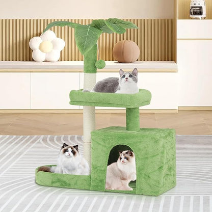Magshion 32" Cat Tree for Kittens and Senior Cats, Small Cat Tower with Green Leaves, Scratching Posts, Cozy Condo, Low Perch & Fluffy Balls, Stable Cat House with Leaf Design