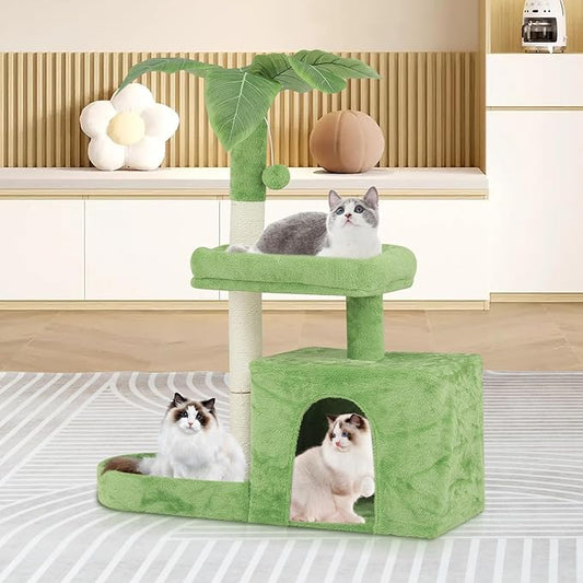 Magshion 32" Cat Tree for Kittens and Senior Cats, Small Cat Tower with Green Leaves, Scratching Posts, Cozy Condo, Low Perch & Fluffy Balls, Stable Cat House with Leaf Design