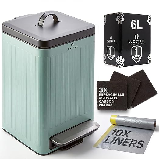 Small Dog Poop Trash Can Outside – 6L/1.6 Gallon Dog Small Trash Can with Lid, Odor-Locking Carbon Filter System, Hands-Free Stainless Steel Pedal, Easy-Clean Removable Bucket, Sage Green