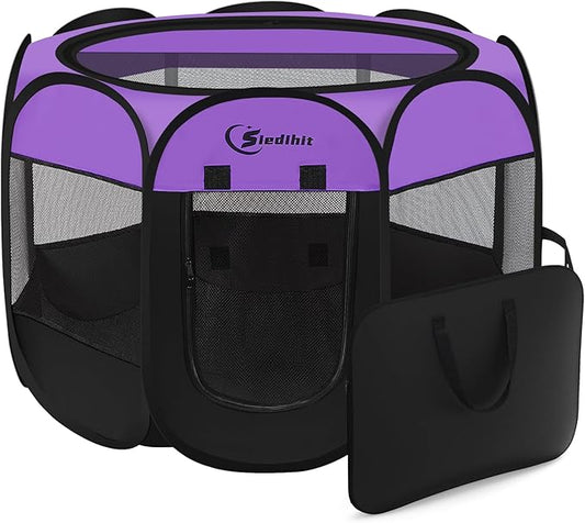 Large Dog Playpen, Puppy Pet Playpen Indoor, Dogs Tent Crates Cage Indoor/Outdoor, Portable Pop Up Dog Kennel Playpen with Carrying Case for Dogs/Cats/Rabbits, Purple