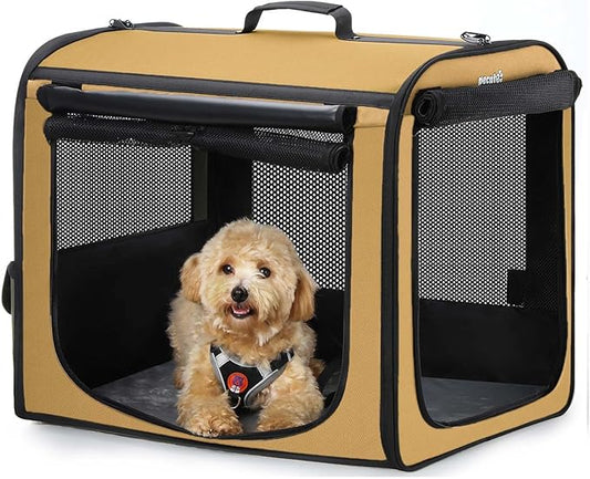 Dog Car Carrier Light Weight 24×17.7×20.5 in, Dog Carrier Easy to Assemble, Dog Car Crate Portable and Breathable, Foldable Pet Carrier for Indoor and Outdoor Use, Dogs Travel Crate with Curtain Brown