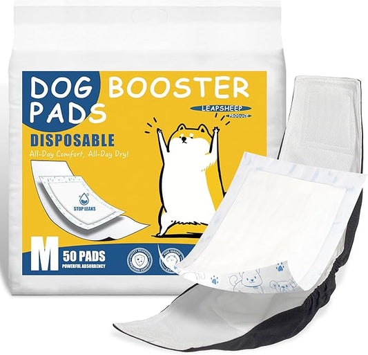 LeapSheep Dog Diaper Liners Pee Pads for Male and Female Dogs, Dog Period Pads, Super Soft Absorbtion Dog Booster Pads Fits Belly Bands, Wraps and Washable Doggy Diapers Female (M, 50)