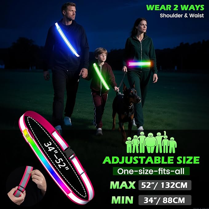 Reflective Sash Gear for Walking at Night,Flashing LED Reflective Belt Safety Lights for Walkers Night Dog Walking Biking Running,High Visibility Rechargeable With Wear 2 Ways for Men Women