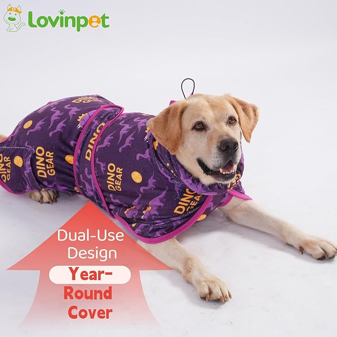 LovinPet 3‑in‑1 Dog Warm Winter Coat & Bathrobe, Hooded Dinosaur Fleece, Lightweight High‑Loft, Absorbent Knit, Quiet Hook‑and‑Loop, Wind‑Blocking Edges, Dog Robes for Medium & Large Dogs, Purple,XL