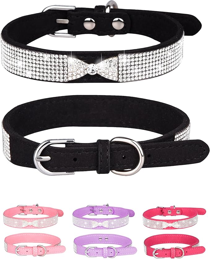 Bling Dog Collar for Small Medium Large Dogs, Crown Rhinestone Dog Collars for Girl and boy Dog, Diamond Puppy Collars, Adjustable Leather Suede SOFE Cat Collar (M(13"-15.4"/33CM-39CM), Black2)