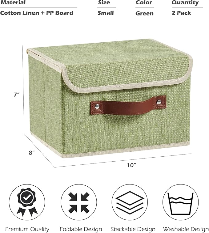2PCS Storage Boxes with Lid Cotton Linen Fabric Storage Bins Organizer Container Decorative Collapsible Washable Shelf Closet Baskets Faux Leather Handles Home Bedroom (Green, Small Size)