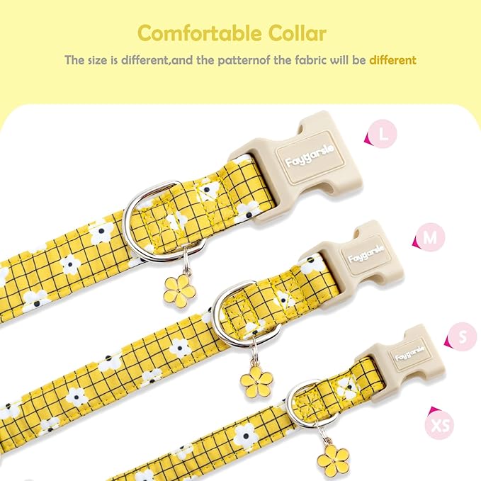Faygarsle Floral Plaid Pattern Dog Collar, Yellow with White Flowers Summer Spring Design for Small Medium Large Dogs XS