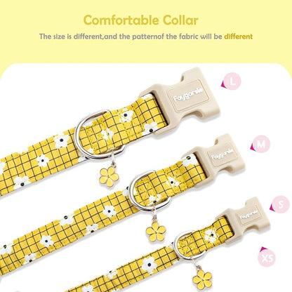 Faygarsle Floral Plaid Pattern Dog Collar, Yellow with White Flowers Summer Spring Design for Small Medium Large Dogs XS