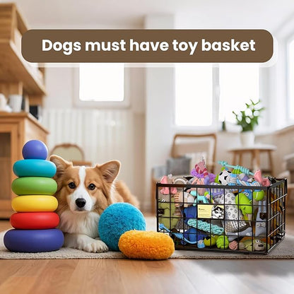 Metal Dog Toy Bin Storage Box with Handles for Puppy and Pet - Personalized Large Chew Proof Dog Toy Basket Organizer for Living Room