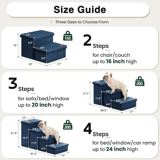 Love's cabin Dog Stairs with Storage 13" H, Foldable Pet Stairs for Small Medium or Large Dogs, Cat Puppy Steps Ramp with Zip up to 150 lbs, Navy Blue, 2 Steps