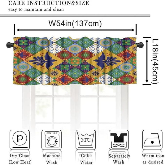 Mexico Fiesta Valance Curtains Mexican Floral Bird Talavera Ceramic Tiles Pattern Window Treatment Valances Short Curtains Rod Pocket Drape for Dining Room Home Kitchen Decor, 54x18inch