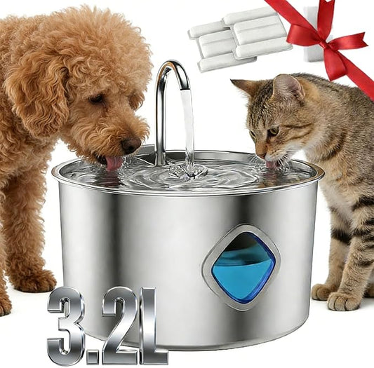 Dog Water Bowl Dispenser, 3.2l Triple Filtration System Circulating Water Flow Quiet Operation Dog Fountain Stainless Steel for Small to Medium-Sized Dogs and Cats & Multi-pet Home(1PCS)