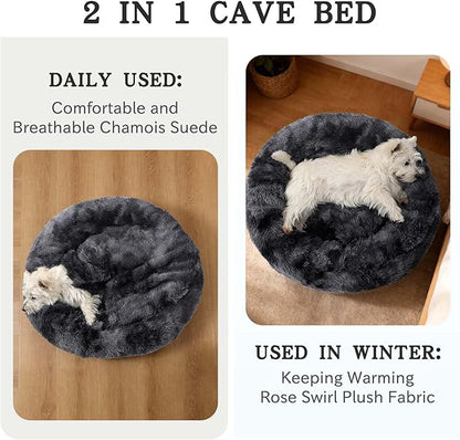 NOYAL Calming Dog Bed for Anxiety, Hooded Donut Cave with Blanket, Plush Fluffy Washable Pet Bed for Small Medium Dogs & Cats