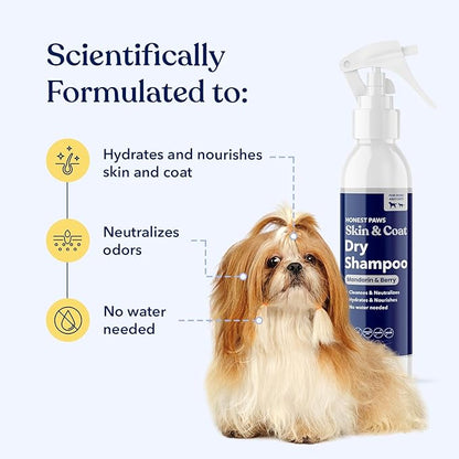 Honest Paws Dog Dry Shampoo - Waterless No Rinse Spray Formula Reducing Itch Cleanse Hydrate Nourish Dry Skin and Smelly Coat Help Decrease Odor Shedding and Allergies - Mandarin & Berry - 8 oz