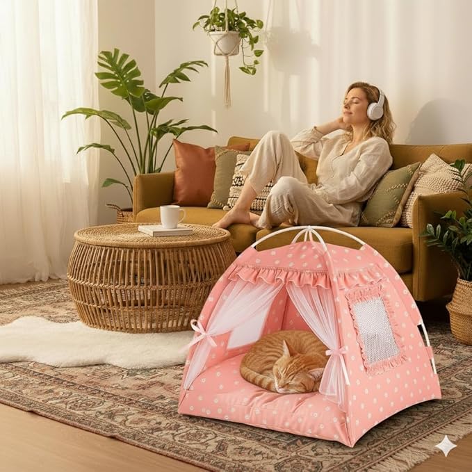 pawstrip Dog Tent Indoor Cat House Pink Puppy Bed Portable Pet Teepe Princess Dog Camping Tent Outdoor Kitten Houses Cute Bunny Nest Girl Kitty Cave (M, Pink)