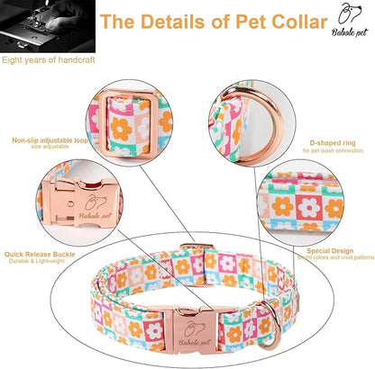 Spring Dog Collar, Pastel Checkered Flowers Pet Collar with Metal Buckel, Durable Adjustable Designer Dog Collars for Small Medium Large Dogs L