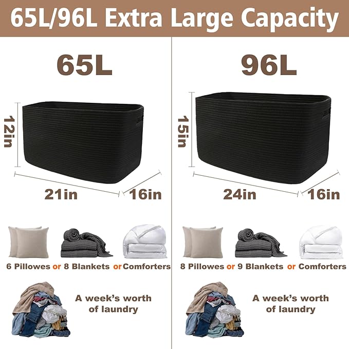 Woven Blanket Basket,65L Large Storage Bin for Blankets Toys Clothes,Decorative Rope Basket for Living Room Bedroom with Handles, Black