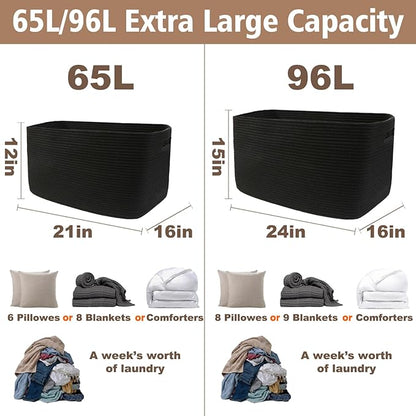 Woven Blanket Basket,96L Large Storage Bin for Blankets Toys Clothes,Decorative Rope Basket for Living Room Bedroom with Handles, Black