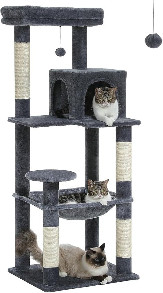 MUTTROS Cat Tree for Large Cats with Metal Plush Big Hammock, 56.3" Cat Tower for Indoor Cats with 2 Door Condo House, 6-Tier Cat Shelves with Scratching Posts and Large Top Perch, Dark Gray