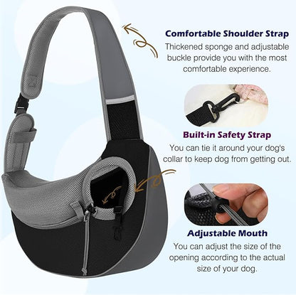 Pawaboo Pet Dog Sling Carrier, Hand Free Drawstring Dog Papoose with Adjustable Strap, Breathable Mesh Bag for Puppy Cat, Crossbody Satchel Dogs Purse with Pocket for Outdoor, Dark Gray+Black, Large
