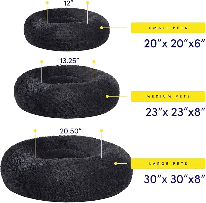 Dog & Cat Bed: Round Faux Fur Pet Bed - Plush, Cozy, & Calming Donut Bed for Medium Pets - Soft & Comfortable Sleeping Cushion for Napping & Lounging, 23" Round, Black
