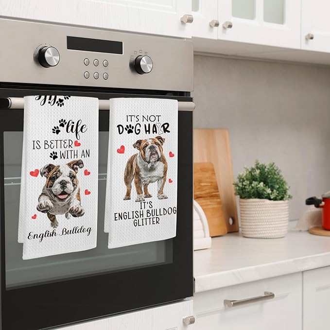 English Bulldog Gifts Kitchen Towels Set of 2, English Bulldog Decor, Dog Funny Hand Towels for Kitchen Bathroom Decor, Gifts for Dog Lovers Owners Women Men Dishcloths Dish Towel 16X24 Inches
