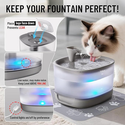 Veken Cat Water Fountain with Detachable Tank, Easy to Clean & Assemble, 85oz/2.5L Pet Drinking Dispenser with Quiet Operation & LED Light, Gifts for Christmas, Cats, Dogs and Small Pets, Grey