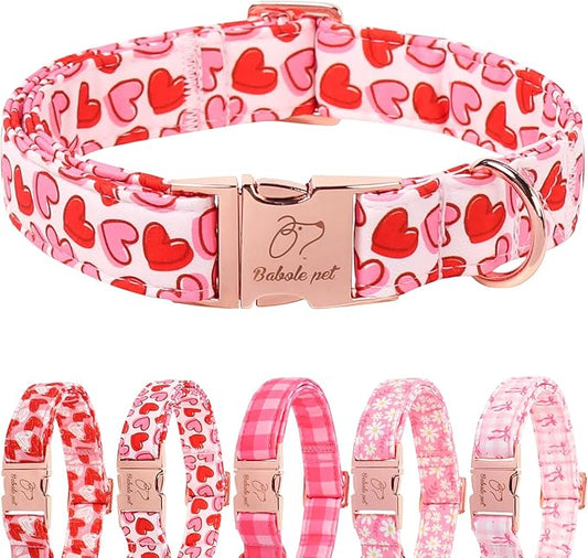 Valentines Dog Collar, Pink Heart Print Girl Dog Collars, Cute Valentine Puppy Collars, Adjustable Heavy Duty Pet Collar for Small Medium Large Dogs with Metal Buckle XS