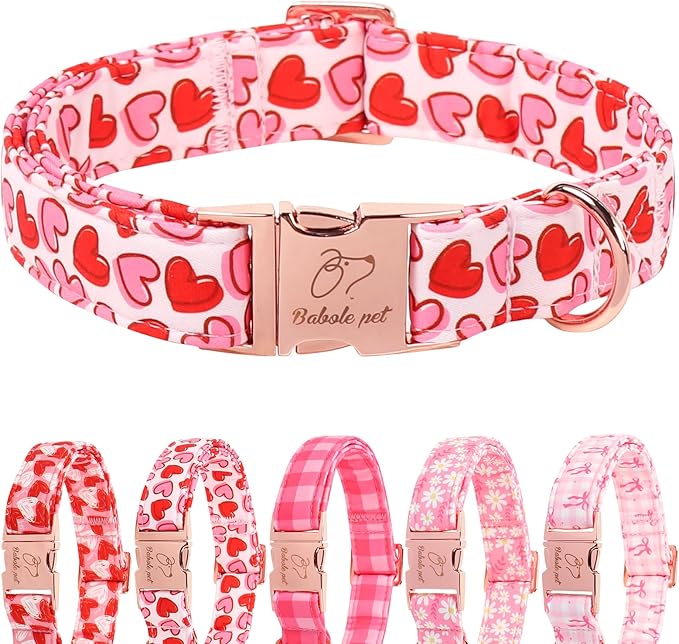 Valentines Dog Collar, Pink Heart Print Girl Dog Collars, Cute Valentine Puppy Collars, Adjustable Heavy Duty Pet Collar for Small Medium Large Dogs with Metal Buckle M