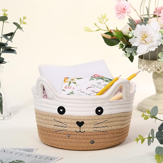 Zopeal Cat Basket Storage Woven Organizer with Ears Easter Decorative Pet Toy Cute Cotton Rope Basket for Gift Cat Dog Toy Bin Nursery Room(8.3 x 4.7 Inch,White Khaki Brown)