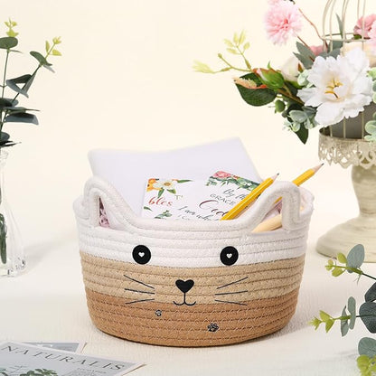 Zopeal Cat Basket Storage Woven Organizer with Ears Easter Decorative Pet Toy Cute Cotton Rope Basket for Gift Cat Dog Toy Bin Nursery Room(8.3 x 4.7 Inch,White Khaki Brown)