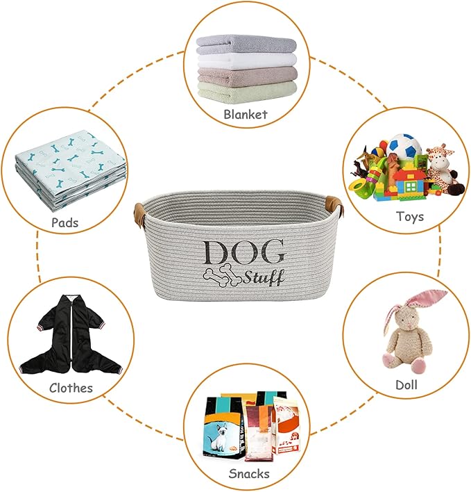 Geyecete Square Dog toy basket storage Cotton Rope Storage Basket Pet/Pet Toy And Accessory Storage Bin Doy Toy Box-Gray