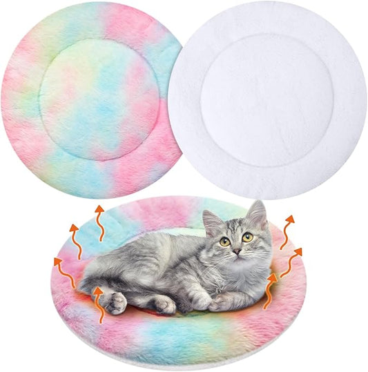 VitalCozy 2 Pack Self Heating Cat Pad Self Heating Cat Bed Machine Washable Heat Pet Mat Reversible Body Thermal Warm Round Dog Bed Crate Blanket for Feral and Indoor Cats(16'',Tie Dye)