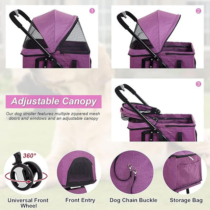 BestPet 3-Wheels Premium 3-in-1 Multifunction Pet Stroller for Medium Small Dogs & Cats - Detachable Carrier, Lightweight Folding Travel Stroller, Purple