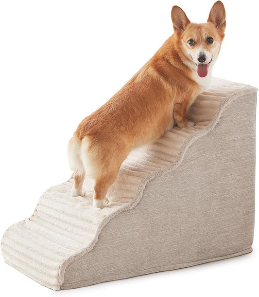 Dog Stairs for Small Dogs & Cats 22.5" H, High Density Foam Dog Steps Ramp for High Bed and Couch, Pet Stairs with Non-Slip Bottom and Remove Washable Cover, 5-Step Pet Steps, Beige