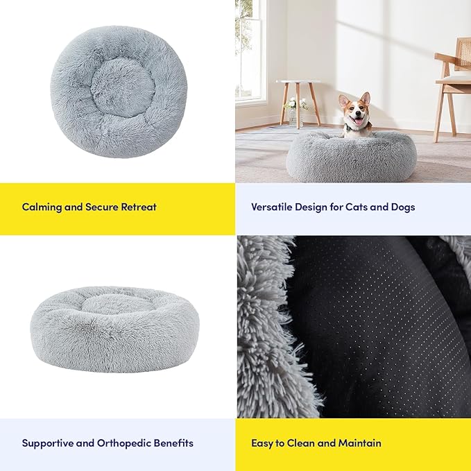 Dog & Cat Bed: Round Faux Fur Pet Bed - Plush, Cozy, & Calming Donut Bed for Medium Pets - Soft & Comfortable Sleeping Cushion for Napping & Lounging, 23" Round, Silver