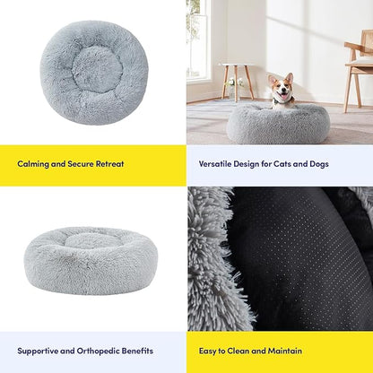 Dog & Cat Bed: Round Faux Fur Pet Bed - Plush, Cozy, & Calming Donut Bed for Medium Pets - Soft & Comfortable Sleeping Cushion for Napping & Lounging, 23" Round, Silver