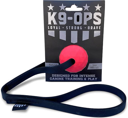 K9 Ops Dog Ball Tug with Handle Biotug Fetch Toy - Rubber Reward Toys - Large Dogs Durable Indestructible Aggressive Chewers Pitbull Dobermann Rottweiler Shepherd (MD/LG, Ruby Red)