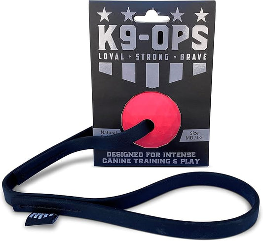 K9 Ops Dog Ball Tug with Handle Biotug Fetch Toy - Rubber Reward Toys - Large Dogs Durable Indestructible Aggressive Chewers Pitbull Dobermann Rottweiler Shepherd (MD/LG, Ruby Red)