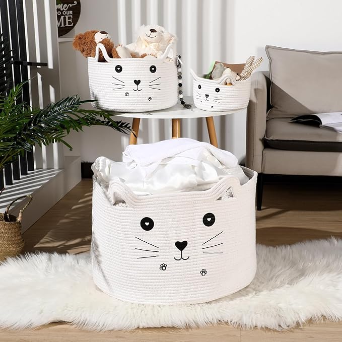 Zopeal Cat Basket Storage Woven Organizer with Ears Easter Decorative Pet Toy Cute Cotton Rope Basket for Gift Cat Dog Toy Bin Nursery Room(21.7 x 13.8 Inch,White)