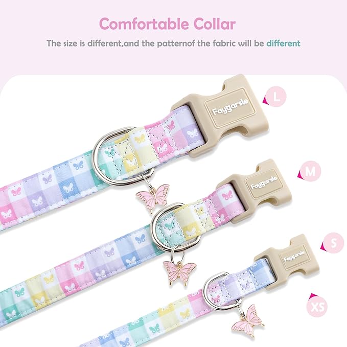 Faygarsle Pastel Butterfly Print Dog Collar, Adjustable with Quick-Release Buckle, Lightweight Summer Design for Small Medium Large Dogs Colorful L