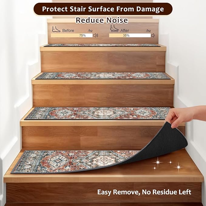 OJIA Stair Treads Non Slip for Wooden Steps Indoor 15PCS Carpet Stair Treads, Rubber Backing Stair Carpet Treads, 8"x30" Staircase Step Treads Edging Stair Rugs for Kids & Pets, Rust Red