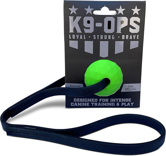 K9 Ops Dog Ball Tug with Handle Biotug Fetch Toy - Rubber Reward Toys - Large Dogs Durable Indestructible Aggressive Chewers Pitbull Dobermann Rottweiler Shepherd (MD/LG, Envy Green)