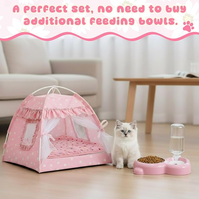 BreezeHug 3 Pieces Dog Tent Bed Cat Princess Tent with Food-Water Bowl and Washable Blanket for Small Pet, Indoor Removable Pink Nest Teepe Pet House Kit for Small Cat, Dog, Puppy, Rabbit