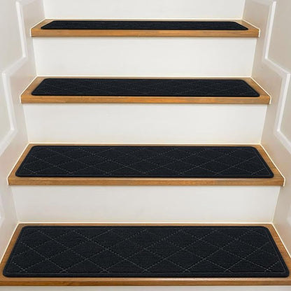 Stair Treads for Wooden Steps Indoor, KOOTETA 15 Pack 8" X 30" Non Slip Carpet Stair Treads with Reusable Adhesive for Kids Elders and Dogs, Surface Polyester TPR Backing Stair Rugs, Black