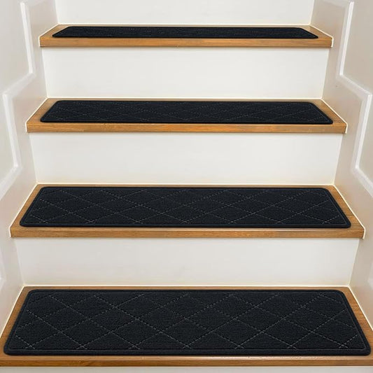 Stair Treads for Wooden Steps Indoor, KOOTETA 15 Pack 8" X 30" Non Slip Carpet Stair Treads with Reusable Adhesive for Kids Elders and Dogs, Surface Polyester TPR Backing Stair Rugs, Black