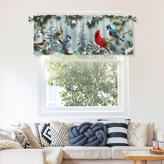 Worltoldb Winter Cardinal Bird Curtain Valance Short Rod Pocket Window Treatment for Living Room Bedroom Kitchen Bathroom 1 Panel 54" W x 18" L